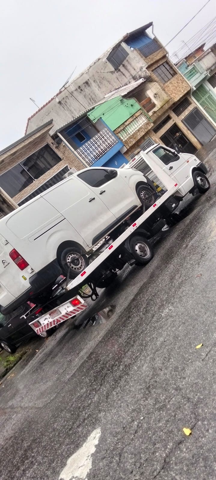 Guincho plataforma transportando uma van branca